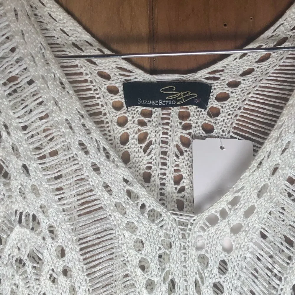 Suzanne Betro White Crochet Swim Coverup with Tassels